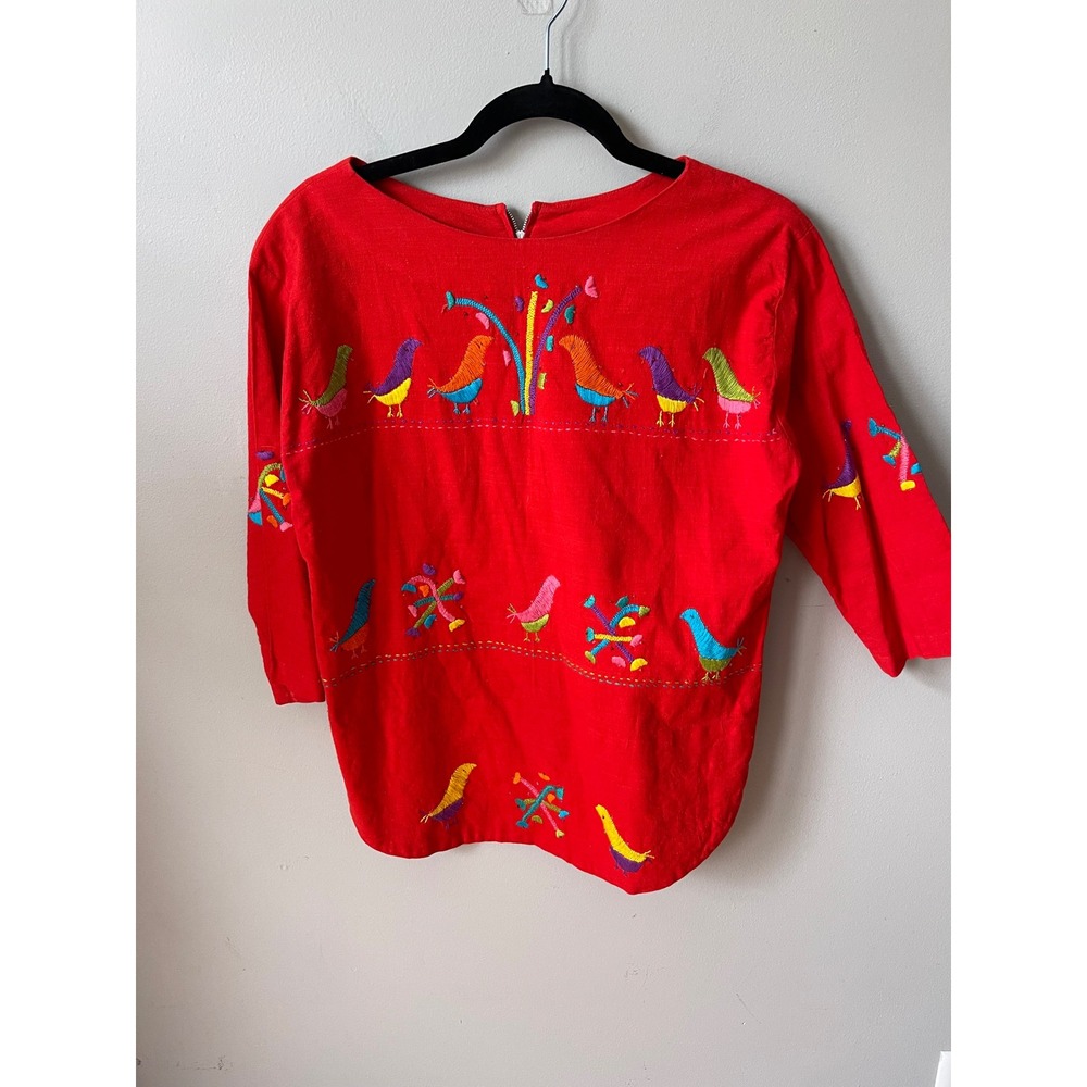 Vintage Angelica Puerto Vallarta Red Embroidered Bird Blouse Mexico Cotton ethic